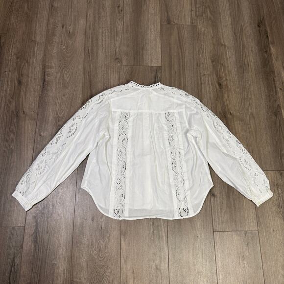 Madewell Lace-Inset Pintucked Button-Up Top M White Long Sleeve Crew Neck Eyelet - Picture 7 of 9